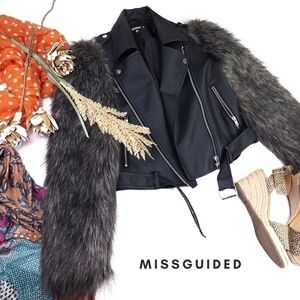 Misguided Black Faux Fur Sleeve Belted Jacket Sz 2